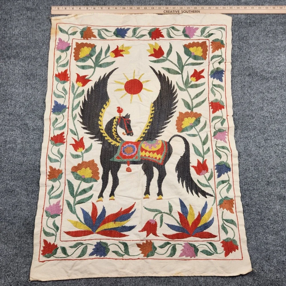 Vintage Uzbek Suzani Hand Embroidered Pegasus Winged Horse Floral Textile 31x21